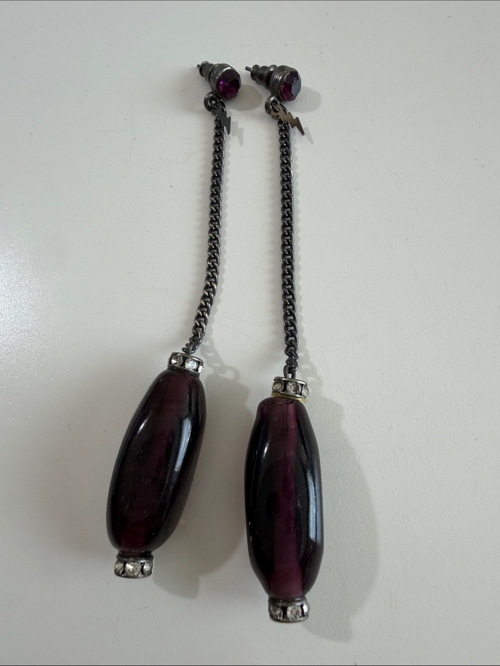 Long Dangle Earrings with Deep Purple Beads - Unbranded